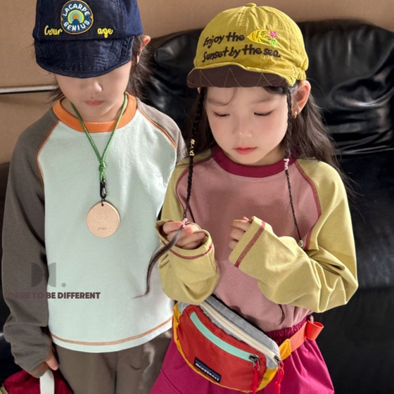 
Multicolor~Autumn new fashionable long-sleeved T-shirts for boys and girls for babies with contrasting colors and round neck tops