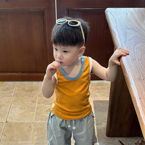 
Children's Korean style fashionable contrasting color splicing versatile sleeveless T-shirt for summer boys' thin cotton vest tops trendy