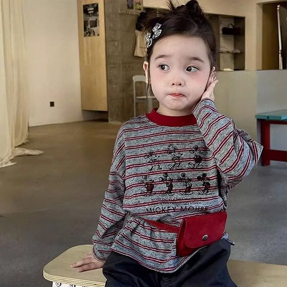 
Korean baby children's clothing autumn new style boys and girls stylish striped round neck long-sleeved T-shirt cartoon all-match bottoming shirt