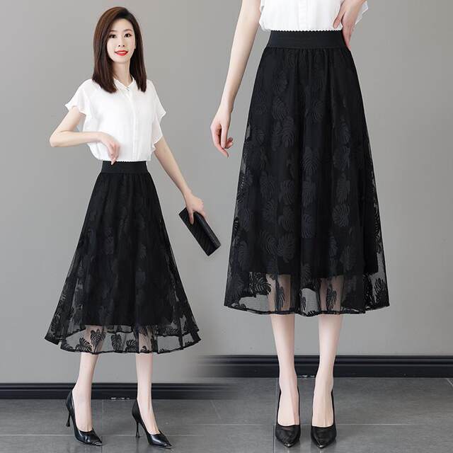 Termei lace mesh skirt for women in spring and summer mid-skirt, high waist, slimming, flesh reducing age, A-line one-step skirt versatile