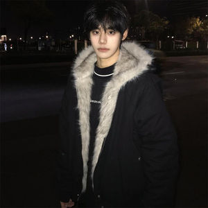 
cleanfit American mountain carving fur collar hooded jacket cotton jacket men's winter plus velvet couple short cotton jacket