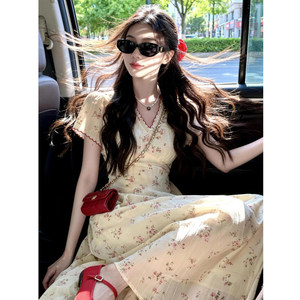 
Rich girl, gentle temperament, floral dress, summer, petite, super pretty, beautiful, beautiful A-line long dress