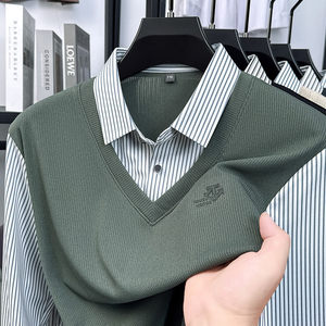 
Fake two-piece long-sleeved T-shirt men's spring and autumn sweatshirt with shirt collar top casual thin polo bottoming shirt