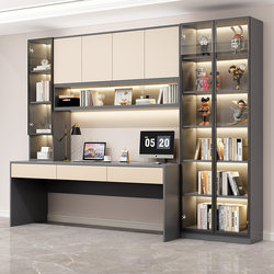 Double Desk and Bookshelf Integrated Solid Wood Computer Desk with Glass Door, Light Luxury Student Bedroom Study Desk