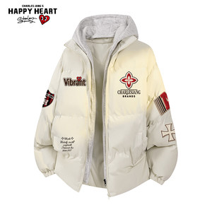 
Charles Heart Medal Print Fake Two-piece Cotton Jacket Men's Winter Contrast Color Stitching Thickened Warm Couple Jacket