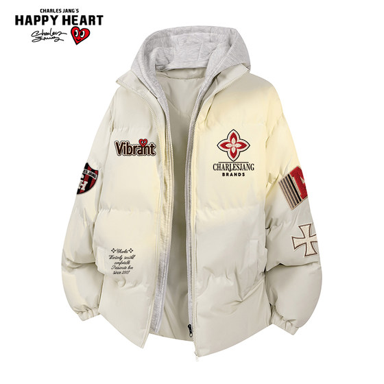 
Charles Heart Medal Print Fake Two-piece Cotton Jacket Men's Winter Contrast Color Stitching Thickened Warm Couple Jacket