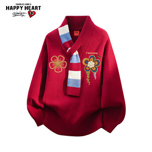 
Charles Heart Flower Printed Scarf Collar Christmas Red Sweater for Men and Women Winter Casual Couple Sweater Trendy