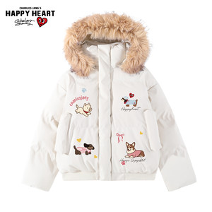 
Charles Peach Heart Detachable Fur Collar Hooded Cotton Coat for Men Puppy Print Winter New Warm Couple Bread Cotton Coat