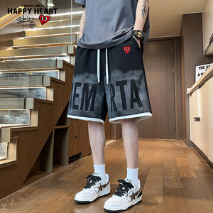 
Charles Peach Heart American Pineapple Grid Fake Two-Piece Casual Shorts Men's Summer Loose High Street Sports Five-Part Pants