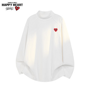 
Charles Love Heart Embroidery Half Turtle Collar Long Sleeve T-Shirt for Men and Women Pure Autumn and Winter Loose and Versatile Bottoming Shirt