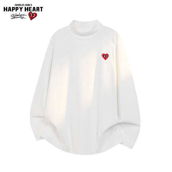
Charles Love Heart Embroidery Half Turtle Collar Long Sleeve T-Shirt for Men and Women Pure Autumn and Winter Loose and Versatile Bottoming Shirt