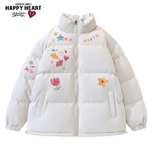 
Charles Peach Heart Cartoon Graffiti Standing Collar Cotton Clothes Men and Women's Winter Thickened Casual Couple Bread Cotton Clothes Jacket