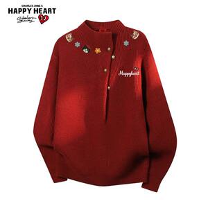 
Charles Love Heart Horse Year Kitten Half Turtleneck Sweater for Men and Women Winter 2026 New Red Couple Sweater Trendy