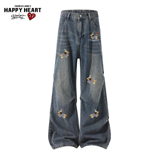 
Charles heart retro pleated jeans for men spring and autumn new puppy print loose straight casual trousers
