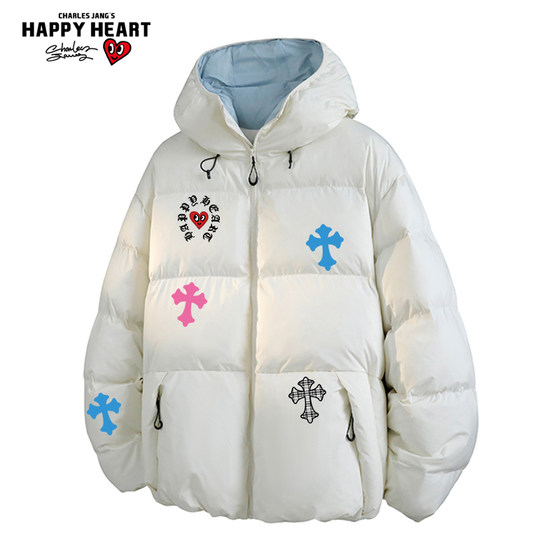 
Charles Heart American Contrast Color Hooded Cotton Jacket for Men and Women Winter New Thick Warm Printed Couple Jacket