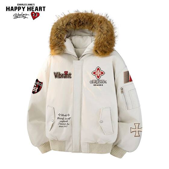 
Charles Heart American Badge Fur Collar Hooded Cotton Coat Jacket for Men and Women Winter Thickened Warm Couple Cotton Clothes