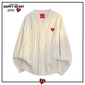 
Charles Peach Heart Twist Pattern V Neck Sweater Men's Autumn and Winter Loose Casual Lazy Couple Pullover Knitted Sweater Ins