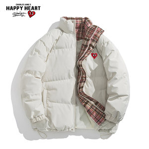 
Charles Heart American color-blocked plaid stand-collar cotton coat for men and women winter casual retro trendy brand couple coat