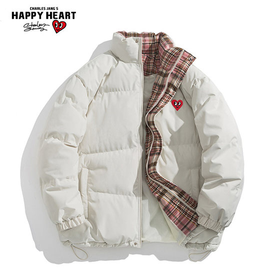 
Charles Heart American color-blocked plaid stand-collar cotton coat for men and women winter casual retro trendy brand couple coat