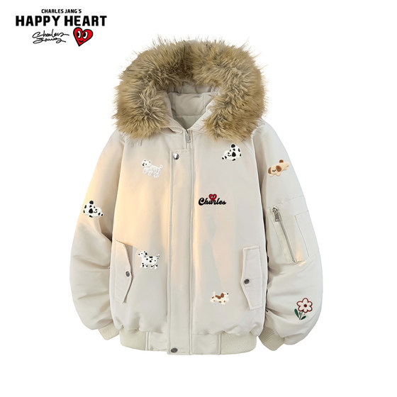
Charles Heart Puppy Printed Hooded Cotton Clothes for Men and Women Winter New Warm and Thickened Couple Jackets Trendy Cotton Clothes