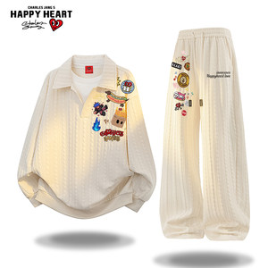 
Charles Peach Heart American cartoon printed texture sweatshirt casual suit men autumn loose sports couple trousers