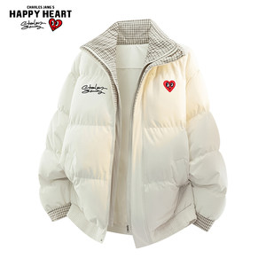 
Charles Heart American Plaid Fake Two-piece Cotton Coat for Men Winter Coldproof Fashion Brand Versatile Couple Stand Collar Cotton Coat