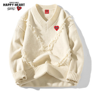 
Charles Love Heart Design V-neck Sweater Men's 2026 New Autumn and Winter Trendy Versatile Tassel Couple Sweater