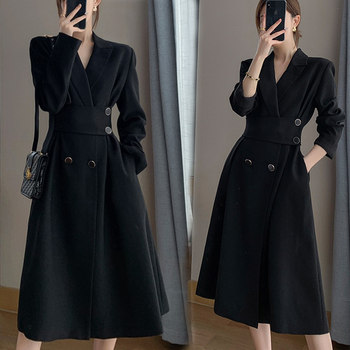 Plus size women's French retro temperament slim suit long skirt early autumn and winter covering the belly and slimming Hepburn style dress