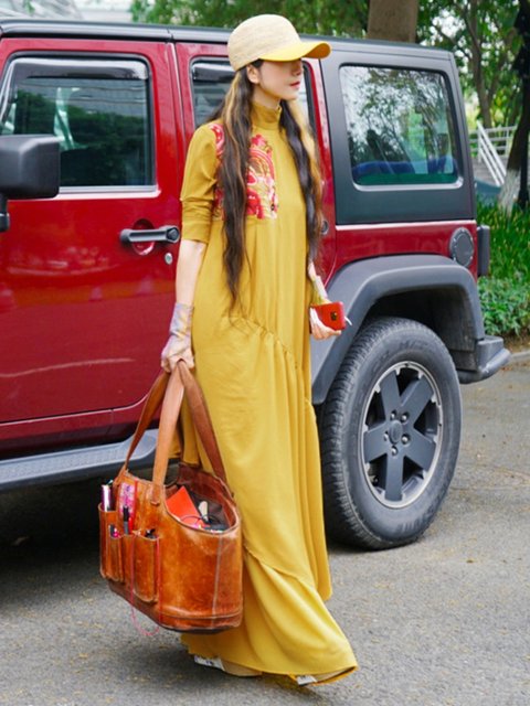 Yang Liping Tripted Yunshang Design the same national style retro embroidery female autumn dress long -sleeved chiffon long skirt
