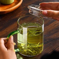 High-Temperature Resistant Glass Cup with Handle, Men's Tea Cup, Crescent-Shaped Cup for Tea Brewing, Tea-Water Separation Cup, Green Tea Cup