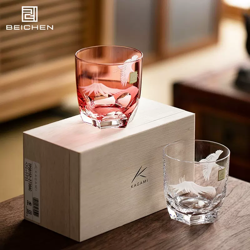 北辰104B/日本進口江戶切子富士仙鶴手工限量收藏級水晶玻璃水杯 