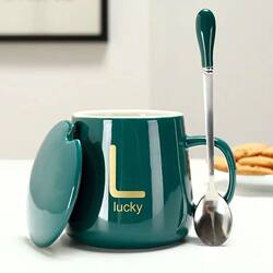 High-Quality Ceramic Mug, Niche Design, High Temperature Resistant, with Lid and Spoon, Home Milk Cup, Large Capacity Coffee Cup