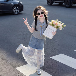 2026 New Style Girls' Skirts Summer Children's Clothing Internet Celebrity Dress Little Girl Stylish Patchwork Denim Skirt Set