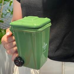 Trash Can Shaped Mug, Creative Ceramic Drinking Cup, Personalized Abstract Funny Coffee Cup with Lid, Gift