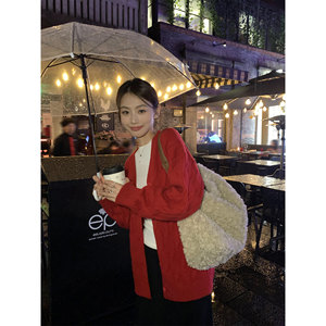 
pusumede neon block red loose v-neck sweater cardigan women lazy mousse knitted jacket top