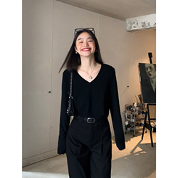 Pusumede Black T-shirt Women's V-neck Long-sleeved Sweater Korean Style Loose Casual Versatile Inner Layering Top