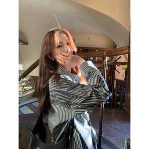 
pusumede past in Milan blue embroidered striped shirt women's design loose temperament long-sleeved top