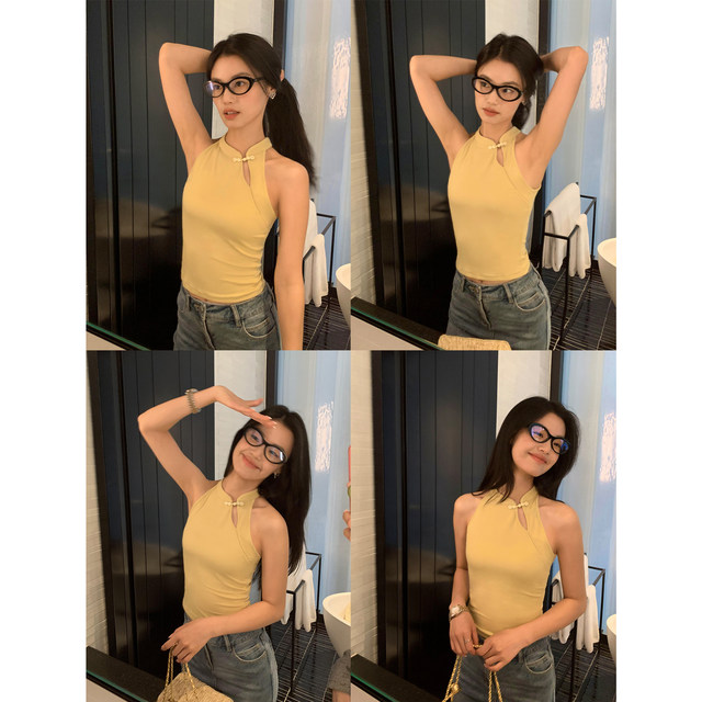 pusumede new Chinese style hollow buckle neck knitted suspender vest women's summer temperament slim short top