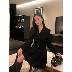 Pusumede Black Small Fragrant Woolen Suit Dress For Women Autumn And Winter High-end French A-line Pleated Skirt