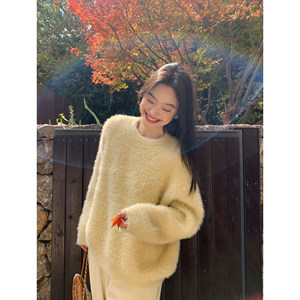 pusumede Amber contract imitation mink soft glutinous sweater women's temperament loose round neck pullover knit top
