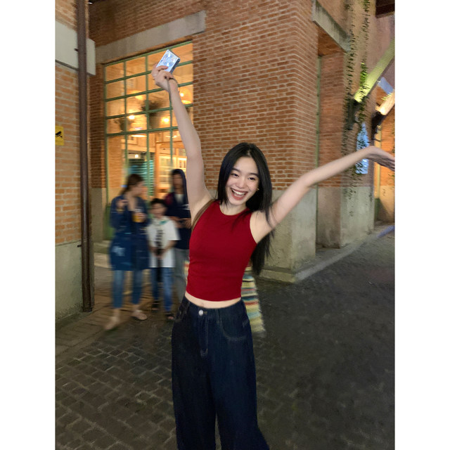 pusumede elastic slim short knitted camisole women's summer outer wear red waist-baring sleeveless top