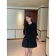 pusumede black round neck spliced ​​knitted dress for women long sleeve French temperament design flower bud short skirt