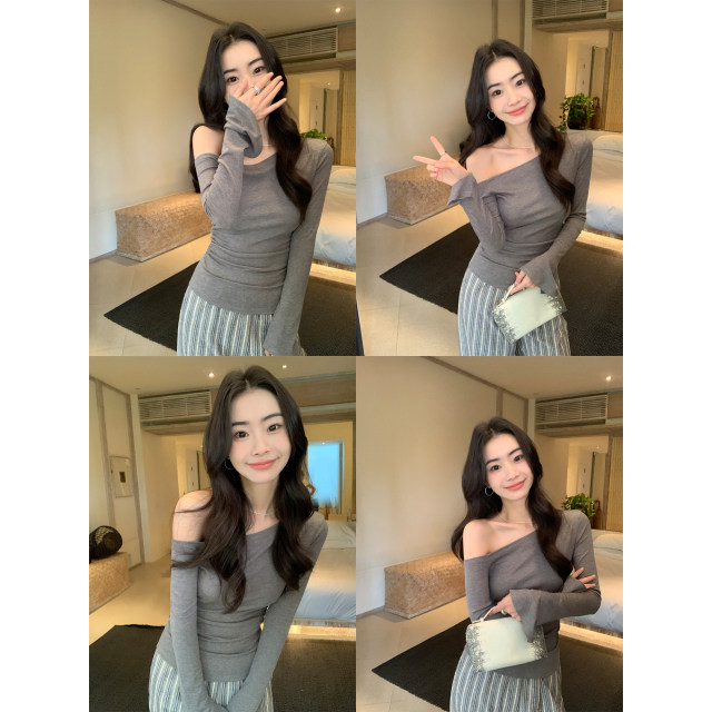 pusumede slanted neck off-shoulder long-sleeved sweater T-shirt for women's design, waist-hugging slim temperament, flared sleeve top
