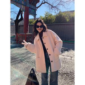 
pusumede Finnish Twilight Lapel Woolen Coat Women's Cotton Imitation Lamb Woolen Medium Length Woolen Coat