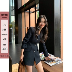 Pusumede Black Small Fragrant Woolen Suit Jacket Women's Winter High-end Temperament Waisted Wool Suit Top