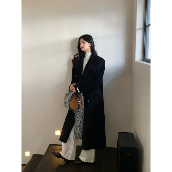 
Pusumede black high-end 100% wool woolen coat for women Hepburn style mid-length woolen coat