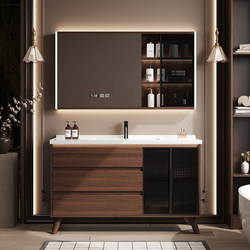 New Chinese-Style Walnut-Colored Bathroom Cabinet Set with Integrated Ceramic Floor-Standing Washbasin and Sink