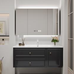 French-Style Light Luxury Pure Black Bathroom Cabinet Set with Integrated Ceramic Washbasin and Sink for Bathroom