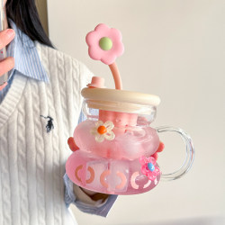 Girls' Large-Capacity Glass Cup with Tea and Water Separation, Flower Tea Cup, Office High-Value Handle Straw Cup, 2024 New Model