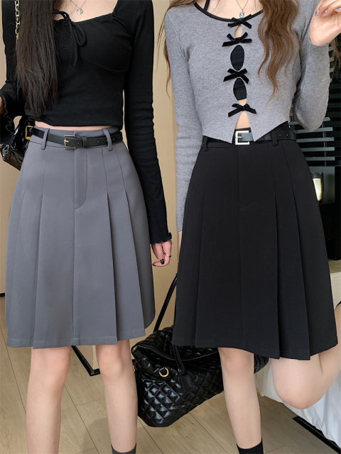 Fat M retro belt mid-length skirt for women in spring small short skirt large size slim and a pleated skirt
